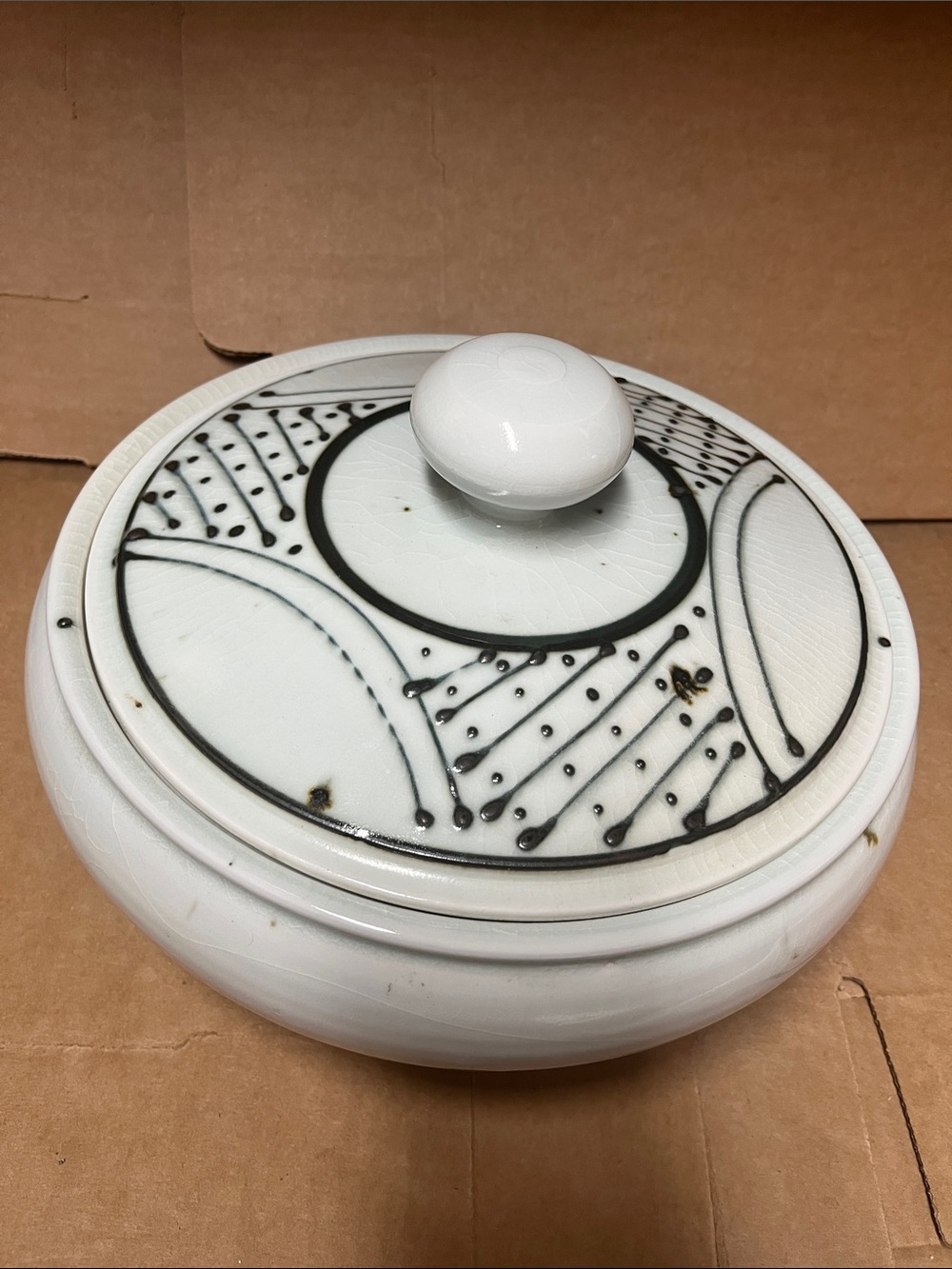 White Ceramic Decorative Lidded Casserole with Black Linear Pattern